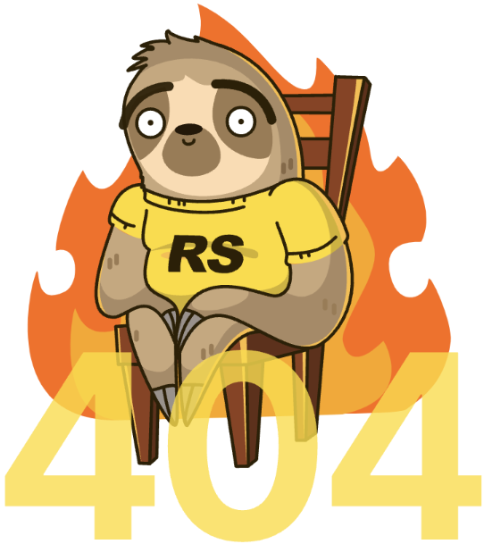 Sloth mascot in an RS-branded T-shirt sits on a chair, looking puzzled, symbolizing that the page was not found