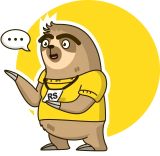 Cartoon sloth wearing a yellow shirt, gesturing with a speech bubble